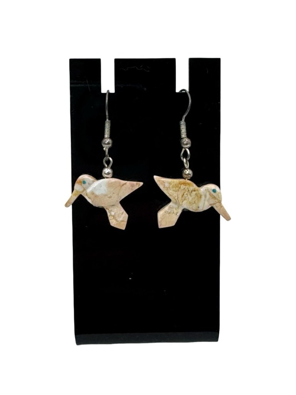 Vintage Zuni Fetish Carved Jasper HummingBird Dangle Earrings Sterling Turquoise